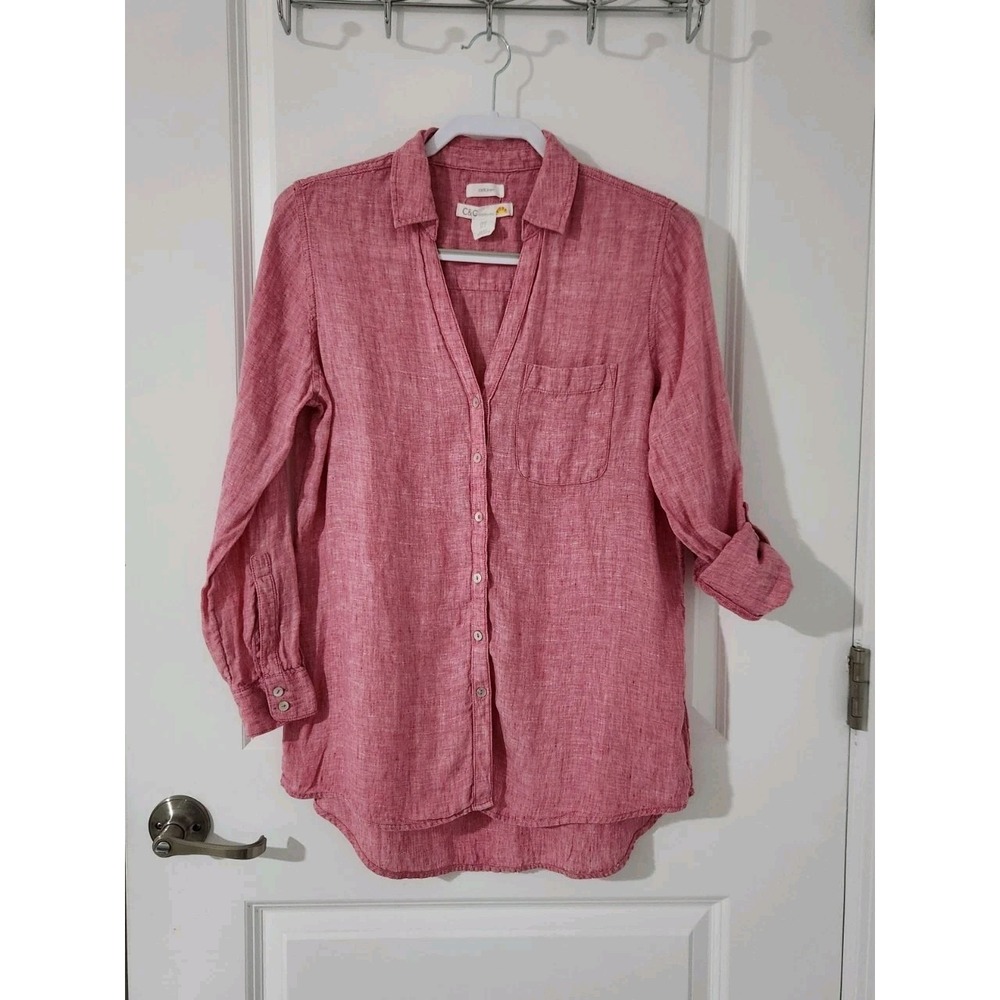 C&C California Women's Linen Blouse V-Neck Roll Tab Long Sleeve Pink Size S